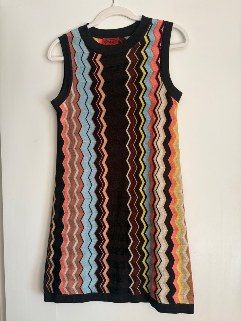 Missoni Black Knit Sleeveless Dress with Multicolor Chevron Stripes